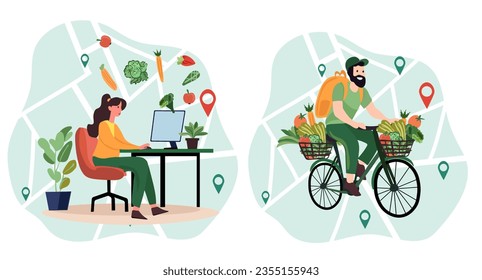Online order, Courier on bike delivers fresh vegetables and fruits from a virtual grocery market. Ecological fast delivery home and office. Online order tracking. Vector illustration.