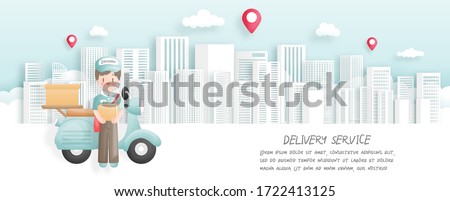 Online order and delivery with delivery boy and scooter. Paper cut style. Vector illustration. 