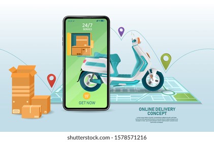 Online order and delivery by scooter concept with brown cardboard boxes and map locator alongside an online shopping website on a mobile phone superimposed over a delivery scooter, vector illustration