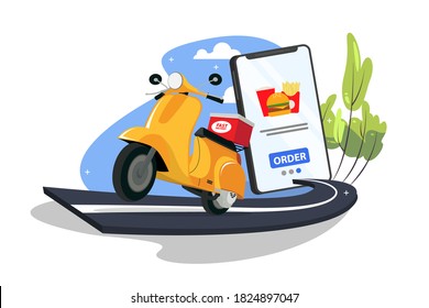 Online order and delivery by scooter concept with brown cardboard boxes and map locator alongside an online shopping website on a mobile phone superimposed over a delivery scooter, vector illustration
