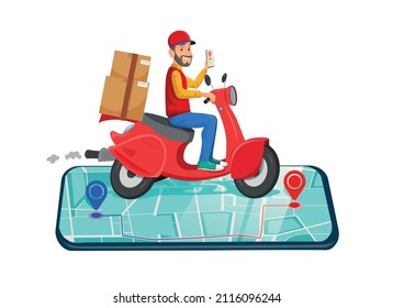 Online order and delivery by scooter concept with boxes and map locator alongside an online shopping website on a mobile phone