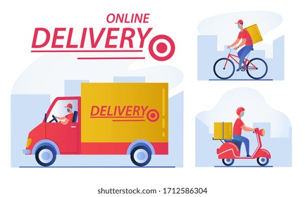 Online order Delivery concept showing a small van, man on bicycle with backpack and delivery man on motorcycle in three different vector designs with text