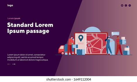 Online order delivery. Courier unloading van, carrying boxes near city map with pointer flat vector illustration. Shipment, logistics, service concept for banner, website design or landing web page