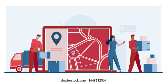 Entrega de pedidos en línea. Cargador descargando la camioneta, portando cajas cerca del mapa de la ciudad con la ilustración plana del puntero vectorial. Envío, logística, concepto de servicio para banner, diseño de sitio web o página web de aterrizaje