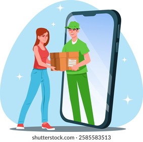 Online order delivery of goods, courier delivers  parcel to woman. Stock vector illustration