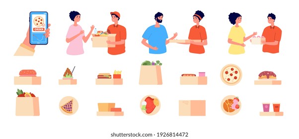 Online order and delivery. Phone food shopping, health meal and goods courier service. Man customer and shop package utter vector set