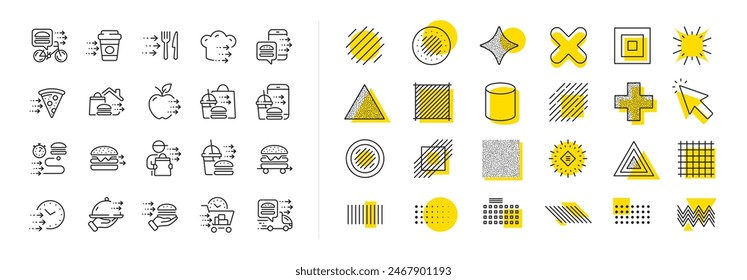 Online order, Eat pizza, Fast grocery service. Design shape elements. Food delivery line icons. Home delivery, Burger or cheeseburger, Courier with food outline icons. Vector