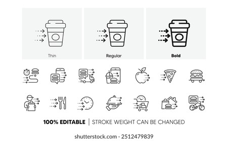 Online order, Eat pizza, Fast grocery service. Food delivery line icons. Home delivery, Burger or cheeseburger, Courier with food outline icons. Smartphone order, Coffee deliver, Apple fruit. Vector