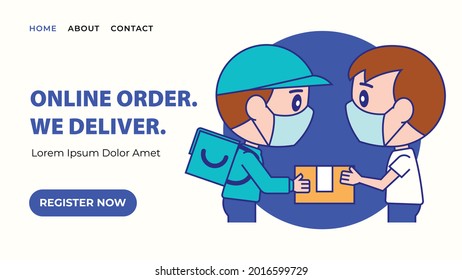 Online order e-commerce landing web page template design. Cartoon delivery man giving parcel to customer with face mask