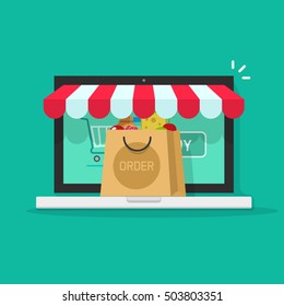 Online order from ecommerce store vector illustration, concept of on-line purchasing in internet shop, on-line shopping from laptop computer