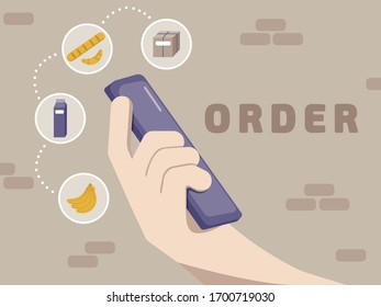Online order and fast delivery service, mobile phone in hand ordering bread, milk, bananas, goods. Flat vector illustration
