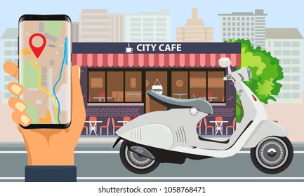 Online order and Fast food delivery with motorcycle or scooter and city landscape.