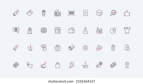 Online order, favorites line icon set. Advertising and discount coupon to choose clothes, gift toys to basket and buy, sale and best store sign thin black and red outline symbols vector illustration