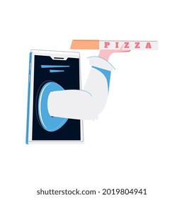 Concepto plano de pedido en línea con smartphone y caja de retención de mano humana con ilustración de vector de pizza