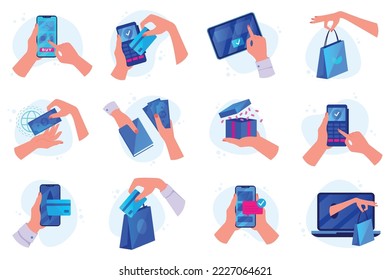 Online order flat icons set, Global shopping, Website with products, fast delivery, Cash and credit card for payment, Buying different things by internet, Commerce illustrations