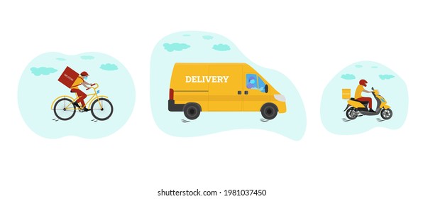 Online order and food express delivery concept. Courier by truck, scooter, and bicycle. Delivery service concept. Flat design. Yellow and blue colors. Stock vector illustration on isolated background.