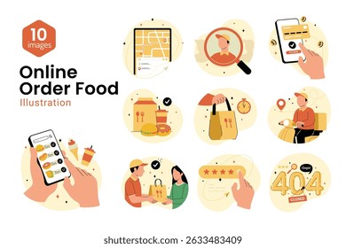 Online Order Food Through Application Illustration set