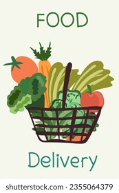 Online order fresh vegetables and fruits from a virtual grocery market. Ecological fast delivery home and office. Green logistics. Illustration for posters, banners, and cards. Vector.