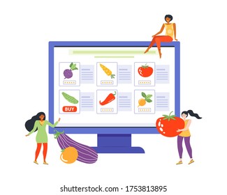 Online order of fresh vegetables on the grocery store website. Female characters are shopping via web. Selling in an online supermarket. Women buy products for dieting and healthy eating. Flat vector