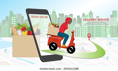 Online order grocery shopping on touch screen mobile phone concept. Delivery man courier in red uniform riding on motorbike service shipping food ingredients at home for cooking.