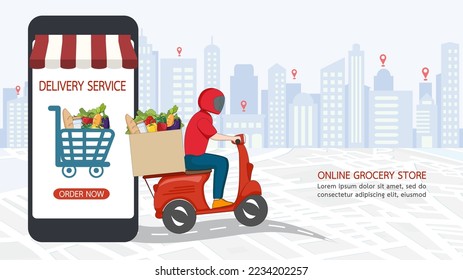Online order grocery shopping on touch screen mobile a smartphone. Delivery service at home for cooking food. Business and technology for healthy good nutrition. Vector illustration style.