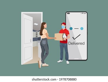 Online Order Home Delivery Person Character Vector Illustration. House Mail Cargo Arrival Poster. Mobile Phone App Delivered Service.