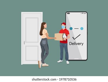 Online Order Home Delivery Person Character Vector Illustration. House Mail Cargo Arrival Poster. Mobile Phone App Delivered Service.