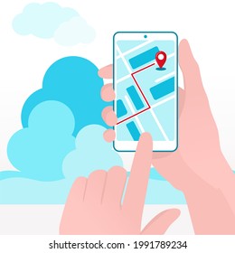 Online order home delivery service. The delivery route in your phone. Phone in hand. For websites, mobile apps, banners, and posters.
