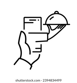 Online order icon. Food online. Man holding smartphone. Vector illustration, flat design. Application for food orders, tray in-hand delivery.