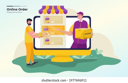 Online order illustration concept, Pay in cash for an online shopping order illustration
