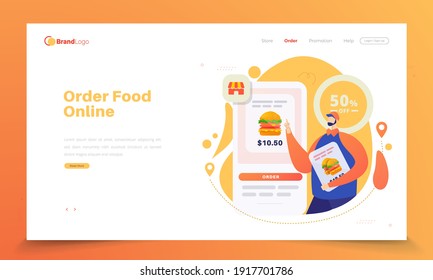 Online order illustration on landing page, people order burgers online