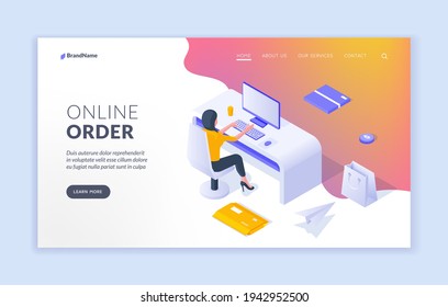 Online order landing page banner template. Vector illustration of isometric woman sitting at desk and using computer to order goods online. Isometric web banner, landing page template