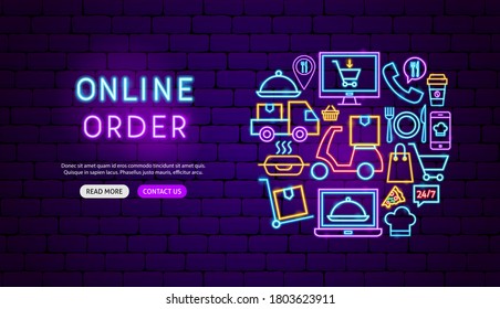 Online Order Neon Banner Design. Vector Illustration of Food Promotion.