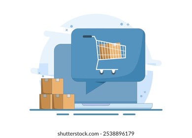 online order notification concept, Laptop with full shopping cart, speech bubble, e-commerce, modern flat icon design of order delivery service isolated on background.