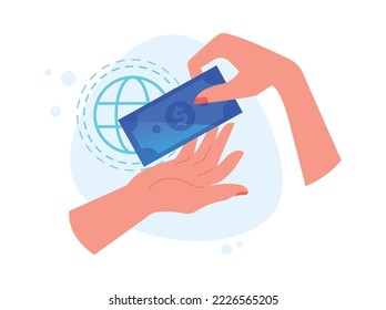 Pedido en línea, pago por compras, manos con dinero