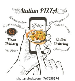 Online Order Pizza. Order Fast Food. Hand Holding Smartphone With Pizza On The Screen, Send Button On The Screen. Finger Touch Screen. Vector Line Illustration On White Background.