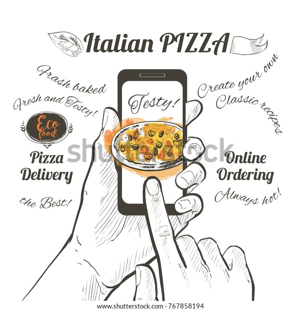 オンライン注文ピザ ファストフードを注文する スマートフォンを持ち 画面にピザを持つ手 画面にボタンを送る 指のタッチスクリーン 白い背景にベクター線 イラスト のベクター画像素材 ロイヤリティフリー