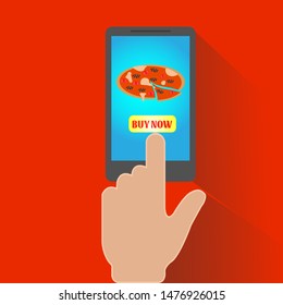 Online order pizza. Hand holding smartphone with pizza on the screen. Order fast food concept. Flat vector illustration.