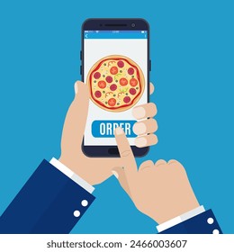 Online order pizza. Hand holding smartphone with pizza on the screen. Order fast food concept. Vector illustration in flat style