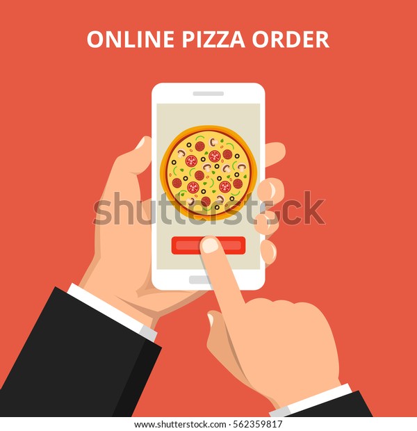 オンライン注文ピザ スマートフォンを持つ手とピザを画面に置く ファストフードのコンセプトを注文 平らなベクターイラスト のベクター画像素材 ロイヤリティフリー