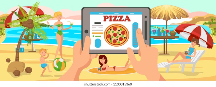 Online Order Pizza on Beach. Family is resting on Beach. Sunny Day near Sea. Active Family vacation on Beach. Children playing in Sand in Ball. Food and Cocktails on Beach.
