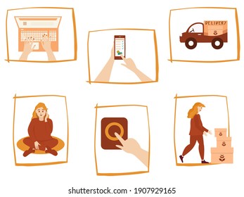 Online order process. Paying for products at home on phone. Delivery home and office. Monochrome vector illustration for icon or design element. Isolated on a white background