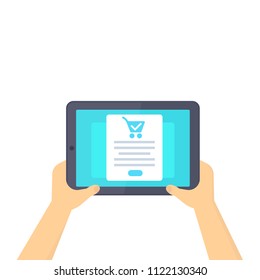 online order, purchase, ecommerce, tablet in hands, vector illustration