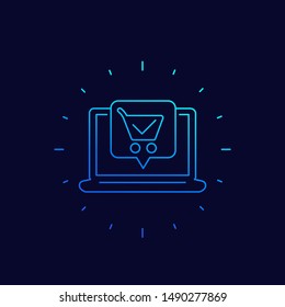 online order, purchase, linear icon with shopping cart and laptop