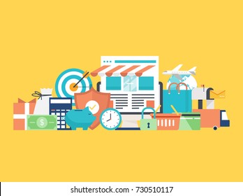 Online order, sale, e-commerce, online shopping, delivery flat vector illustration. Online store, purchasing online for web banners, websites, infographics, printed materials