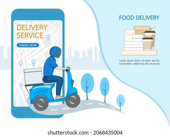 Online order shopping food on website of restaurant on touch screen mobile a smartphone. Delivery service deliver ready meal at home. Vector illustration style.