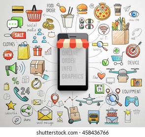 Online Order Smart Phone infographics - hand drawn style. Vector illustration.