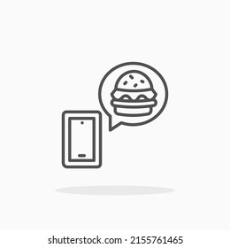 Online order with smartphone and bubble, burger and glass line icon. Editable stroke and pixel perfect. Can be used for digital product, presentation, print design and more.