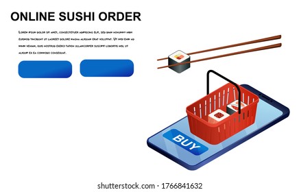 online order sushi isometric vector illustration. japanese food delivery concept isolated on white background