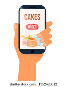 Online Order Sweets and Cookie Poster Vector Illustration. Choose Bakery via Internet. Human Hand with Gadget. Smartphone Screen with Cake Shop Menu, Buying Pastry on Mobile App. Dessert Delivery.
